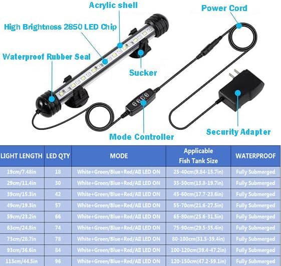 Submersible Aquarium Light Underwater Fish Tank Light with Timer Auto On/Off, LED Aquarium Light Bar 3 Light Modes Dimmer Adjustable Brightness,11.4inch (with Timer&dimmer)