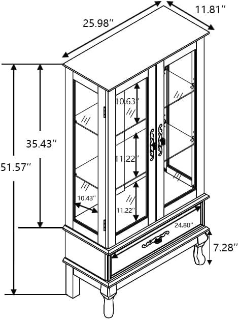 Curio Cabinet with Lighted, Tall Leg Glass Door Antique Cabinet with 1 Drawer