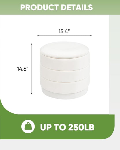 B FSOBEIIALEO Round Velvet Storage Ottoman with Tray, Folding Ottoman with Storage Coffee Table Foot Rest for Dorm Room, Living Room White, 15.35"x15.35"x14.57"