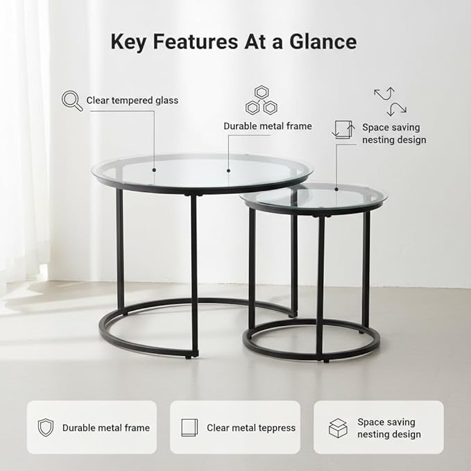 Round Nesting Coffee Table Set of 2, Modern Glass Nesting Tables, Stacking