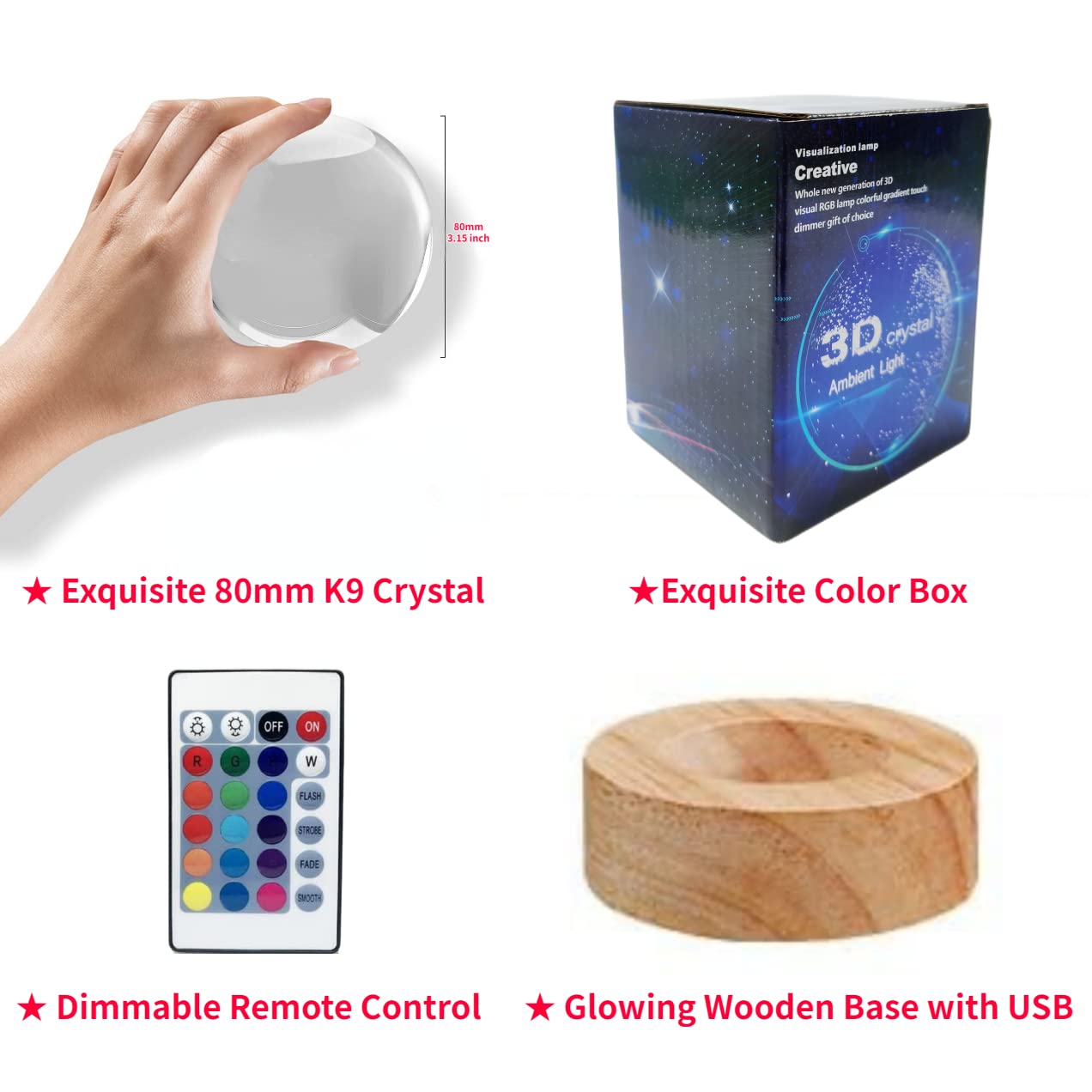 Panda Crystal Ball Lamp,3.15 inch 3D K9 Crystal Ball Panda Night Light,16 Colors Changing Light,Dimmable Remote Control,Panda Lamp Gift (L)