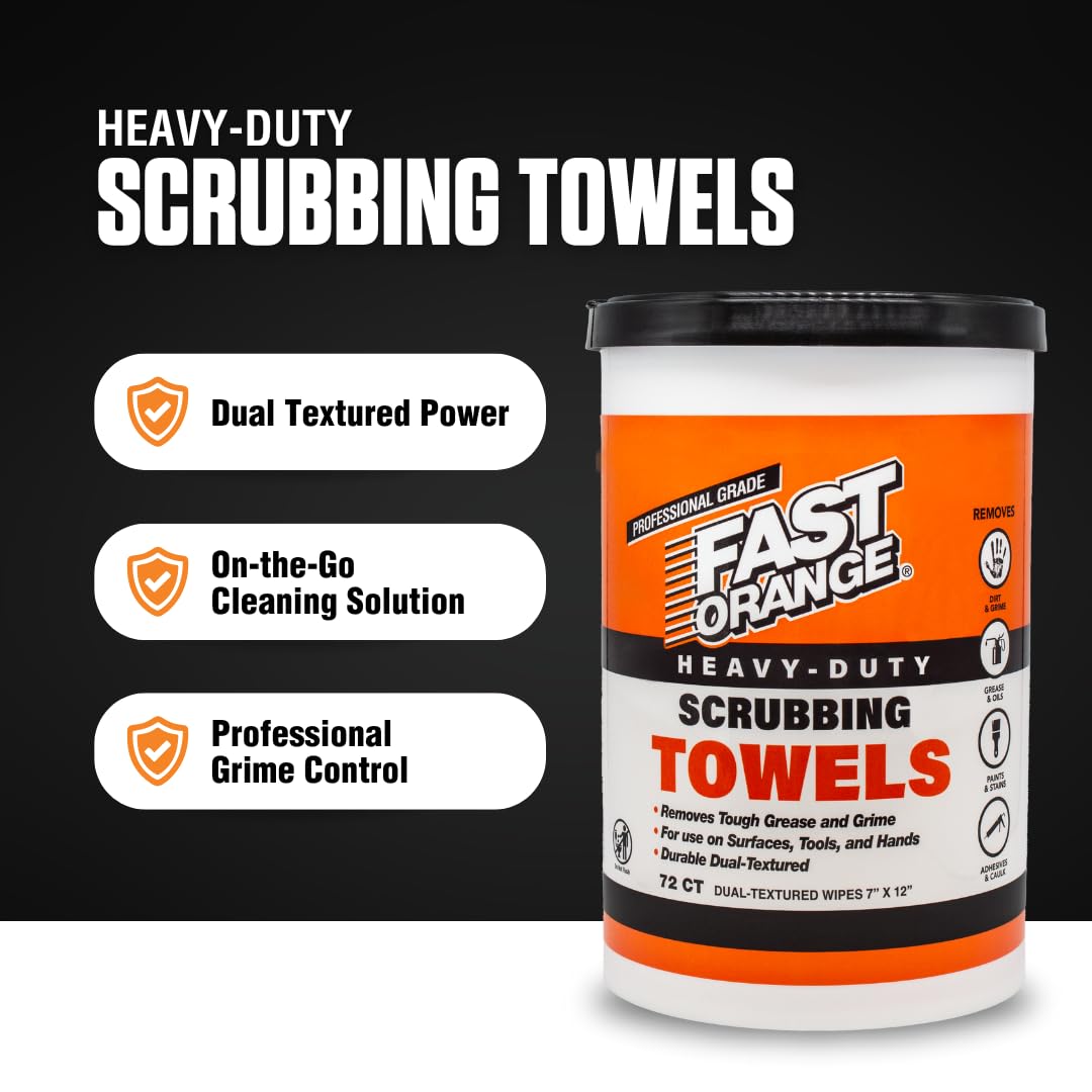 Fast Orange Heavy Duty Scrubbing Towels Removes Tough Grease, Grime, Paint, Resins, Glue and More, for Hands, Tools and Surfaces Without Sticky Residue, 72 ct