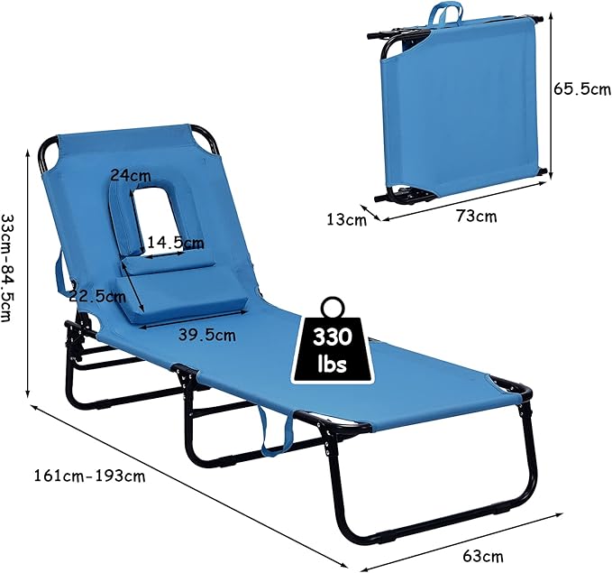 Folding Beach Lounge Chair w/ 5 Adjutable Backrest & Padded Pillow, Sunbathing