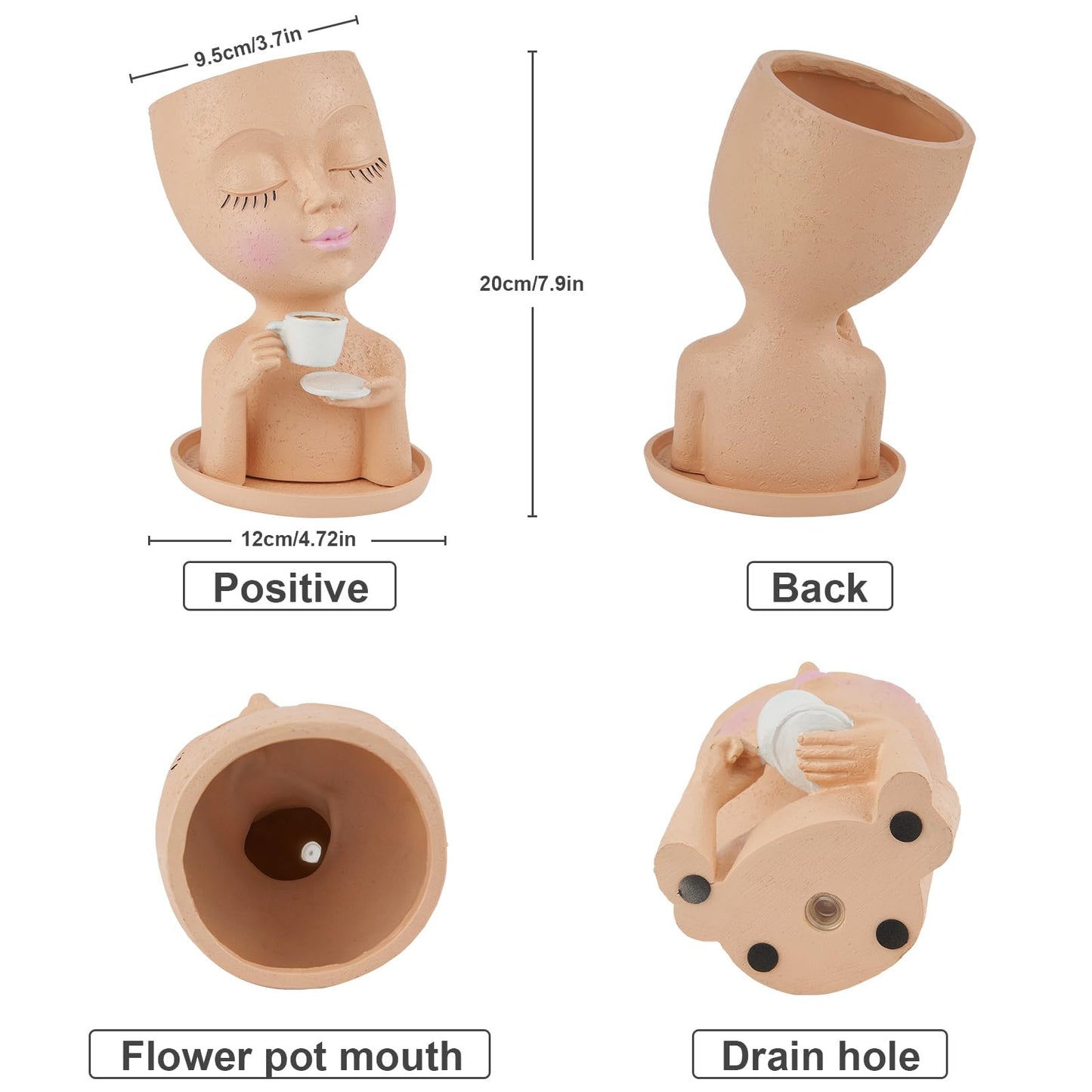 Simabsie Face Planter Pots, Resin Face Planter for Indoor/Outdoor Plants,Head Planter with Drainage Hole/Removable Saucer,Girl Holding Coffe (Coffee, Skin)