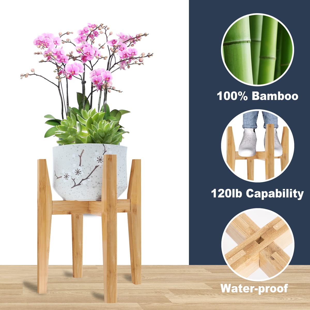 OERGKE Adjustable Plant Stand Indoor, Bamboo Mid Century Modern Plants Stands, Corner Flower Holder for Living Room, Fits 8 to 12 Inches Pots, (Pot & Plant Not Included)(Nature, 1 Pack)