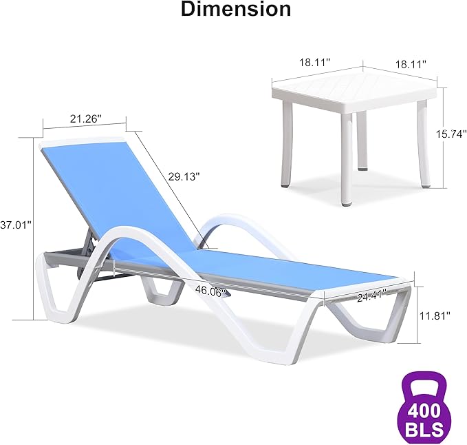 PURPLE LEAF Patio Chaise Lounge Chair Set of 3 Outside Aluminum Plastic