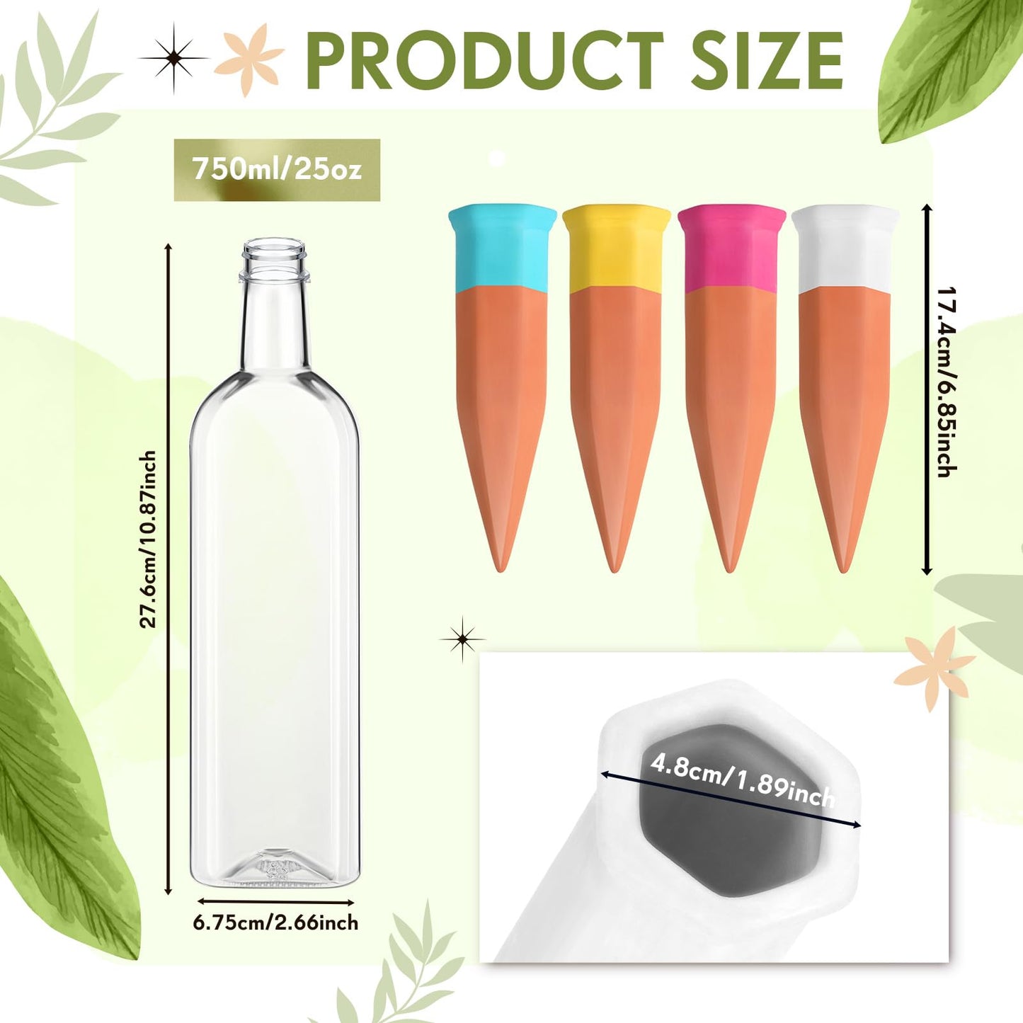 Ziliny 4 Pack Terracotta Watering Spikes Devices, Plant Self Watering Spikes with 25 oz Plastic Wine Bottles, Slow Release Vacation Insert Plant Waterer Devices for Indoor Outdoor