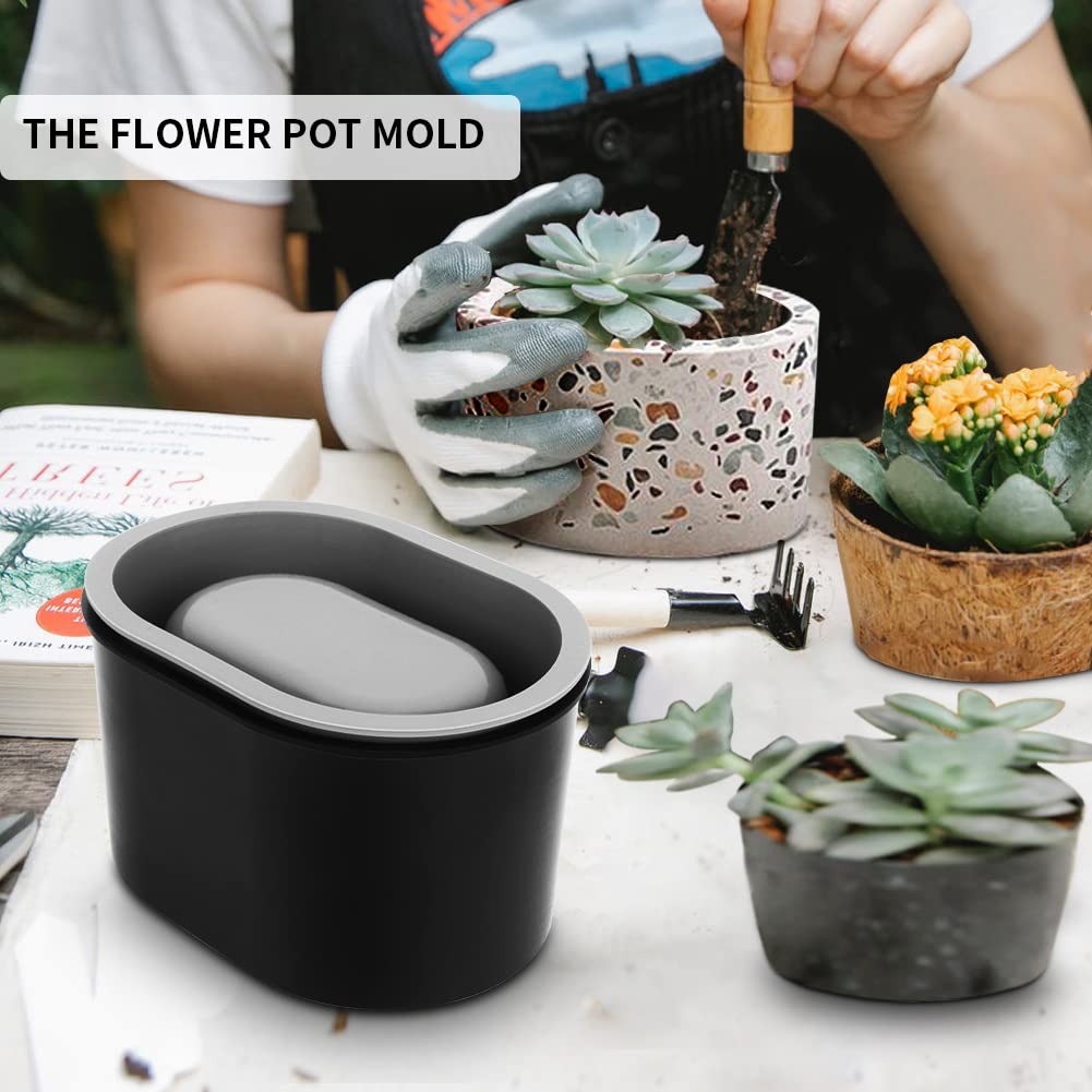Silicone Flower Pot Mold, Reusable Oval Shape Concrete Clay Plaster Moulds Container for DIY Homemade Succulent Plant Pots, Durable Home Decor Garden Decorations Mould(Black)