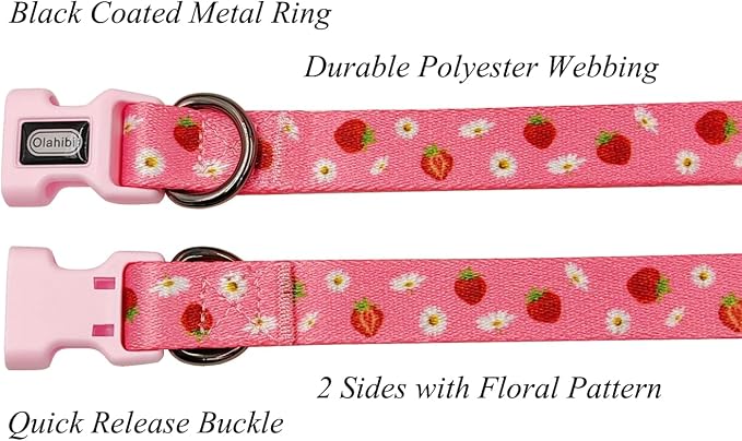 Dog Collar Leash Set, Floral Pattern, Polyester Material, Adjustable Collar and 5ft Matchcing Leash, for Puppy Dogs.(XS, Daisy and Strawberry)