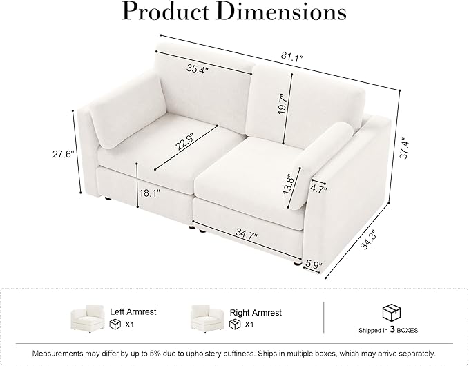 Oversized 2 Seater Modular Sectional Sofa, Solid Wood Frame Sofa, Removable