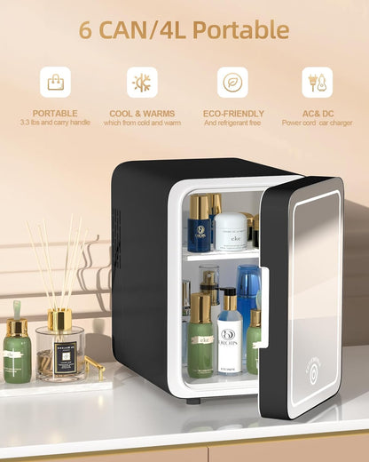 Skincare Fridge With Dimmable LED Light Mirror, 4L Mini Fridge For Desktop, Travel or Cool & Heat, Makeup Fridge for Cosmetics, Skin Care and Food, Green