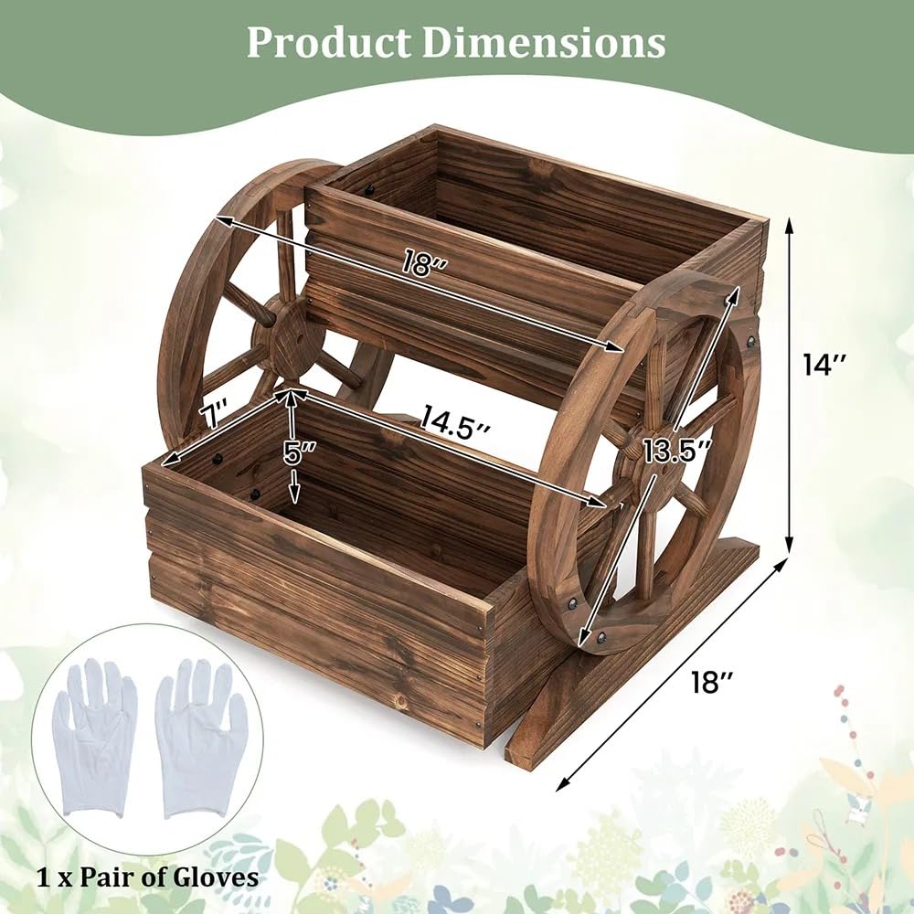 Piler Rustic 2-Tier Wooden Wagon Planter, Carbonized Fir Wood, Coffee Color, Raised Garden Bed with Wagon Wheel Design, 18 x 17.5 x 14 Inches, for Flowers, Herbs and Vegetables