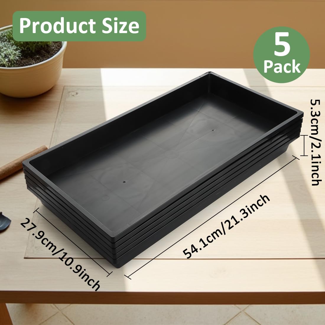 RooTrimmer 1020 Nursery Pot Trays 5 Pack, Plastic Flat Seed Starter Tray, Reusable Seedling Starting Tray for Holding and Carrying Plant Pots (Black)