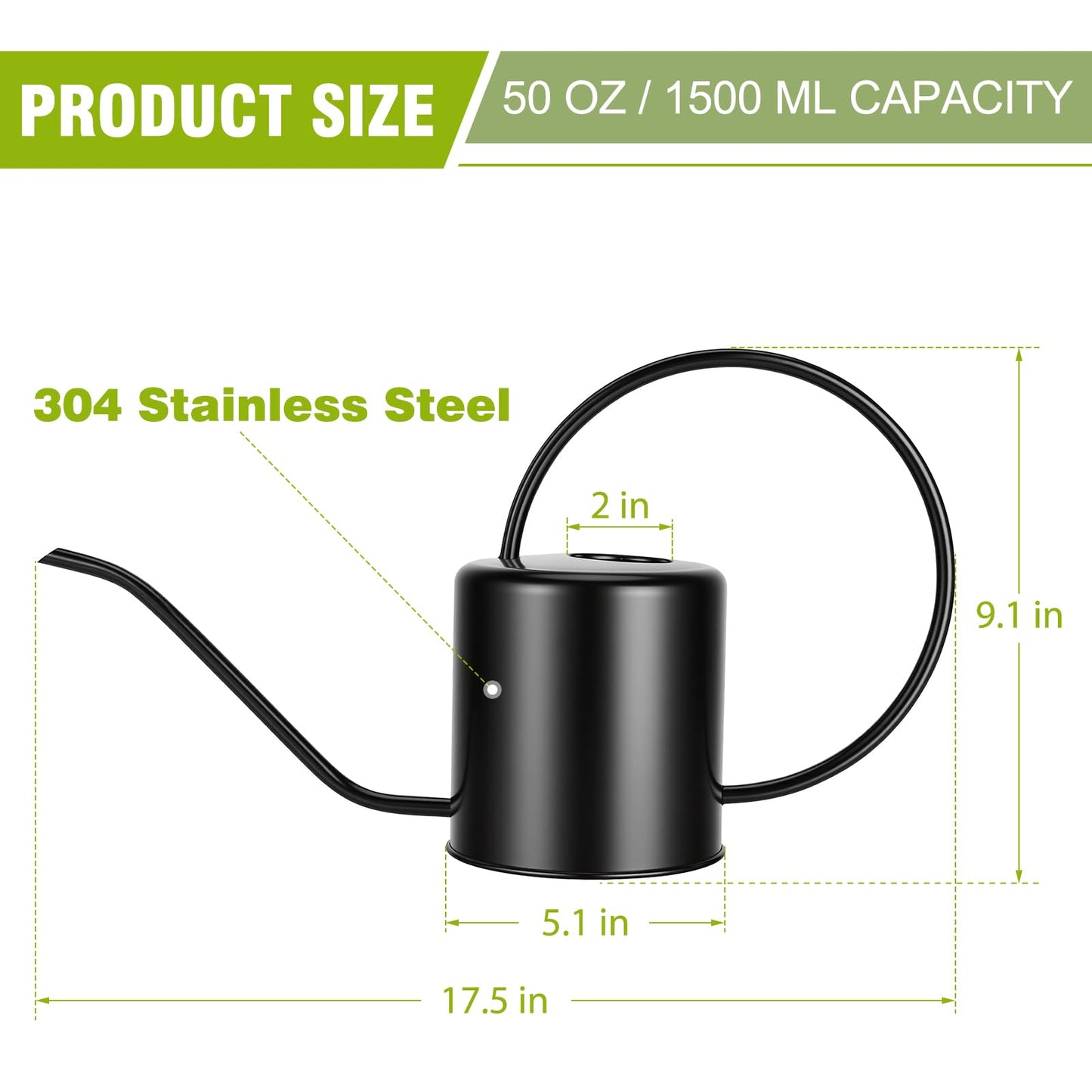 Plant Watering Can, 50 oz / 1500 ml Stainless Steel Metal - Modern Decorative with Long Spout for Indoor Potted Plants, Bonsai, Garden Flowers, Black