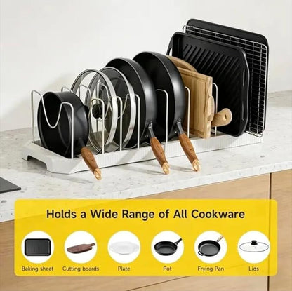 MUDEELA Pots and Pans Organizer under Cabinet, Expandable Rack with Pot Lid Holder and 10 Adjustable Dividers, Pan Organizers inside Cabinet for Kitchen Organization, Cutting Boards, Baking Sheets