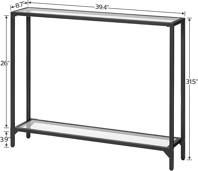 HOOBRO 39.4" Narrow Console Table, Tempered Glass Sofa Table, Behind Couch