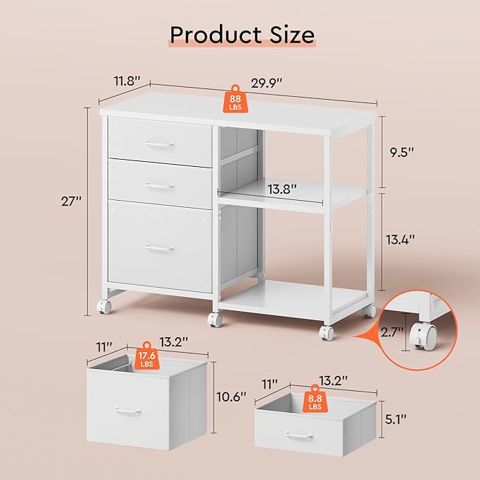 Maihail 3 Drawer File Cabinet with Wheels Rolling Printer Stand with Open Storage Shelf Fabric Lateral Filing Cabinet for Home Office,White