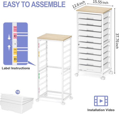 SYKIARIOL Rolling Cart with Drawers,10 Drawer Rolling Cart,Storage Cart with Wheels,Utility Cart with Drawers,Teacher Cart for Classroom Storage,Craft Cart with Wheels and Wooden Tabletop,White