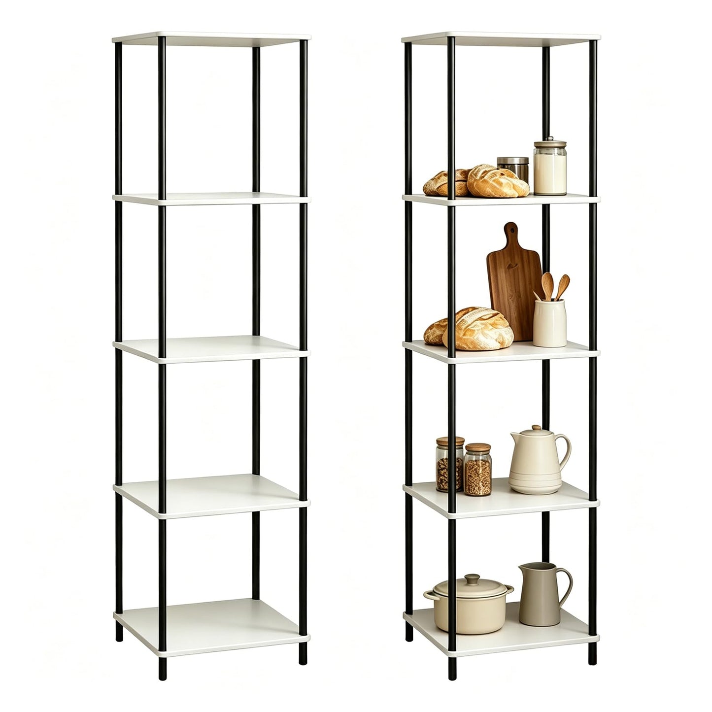 FredCache 5 Tier Corner Bookshelf,Wooden Standing Shelf Unit with Thin Metal Frame,Anti-Tip Design Narrow Storage Organizer for Small Spaces,Living Room Bedroom Office Kitchen,White