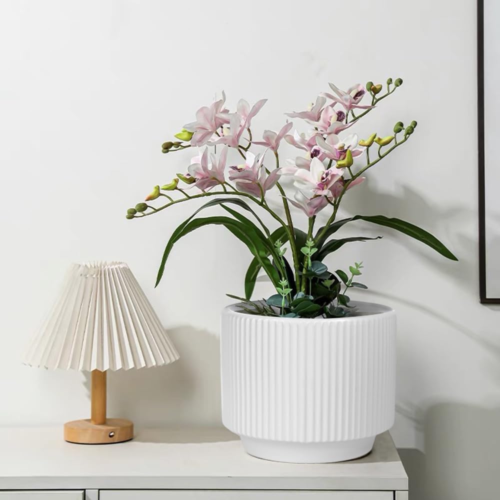 MUZHI Ceramic Orchid Pot with Holes and Drainage Tray Set of 2, 5+6 Inch, Double Layer Orchid Planter with Clear Plastic Inner Net Baskets Pots for Repotting