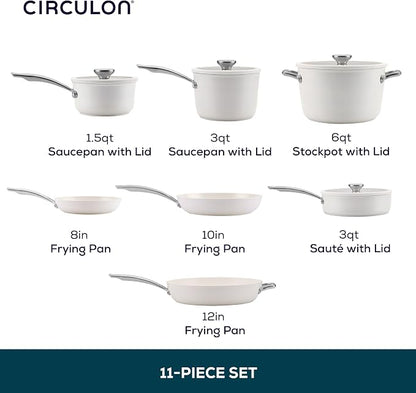 Circulon Halo with LaserDefense Ceramic Nonstick Cookware Set, 11-Piece Pots and Pans Set, Pearl White