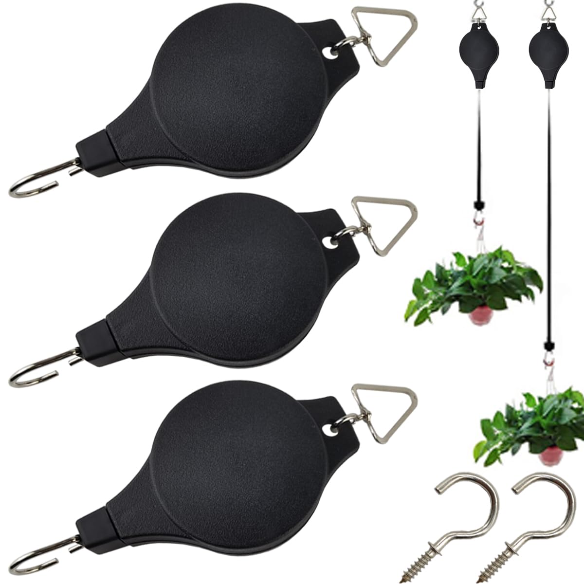 TIHOOD 3PCS Plant Pulley with 3PCS Ceiling Hooks Retractable Pulley Plant Hanger Hanging Flower Basket Hook Hanger for Garden Baskets Pots and Birds Feeder in Different Height Lower and Raise