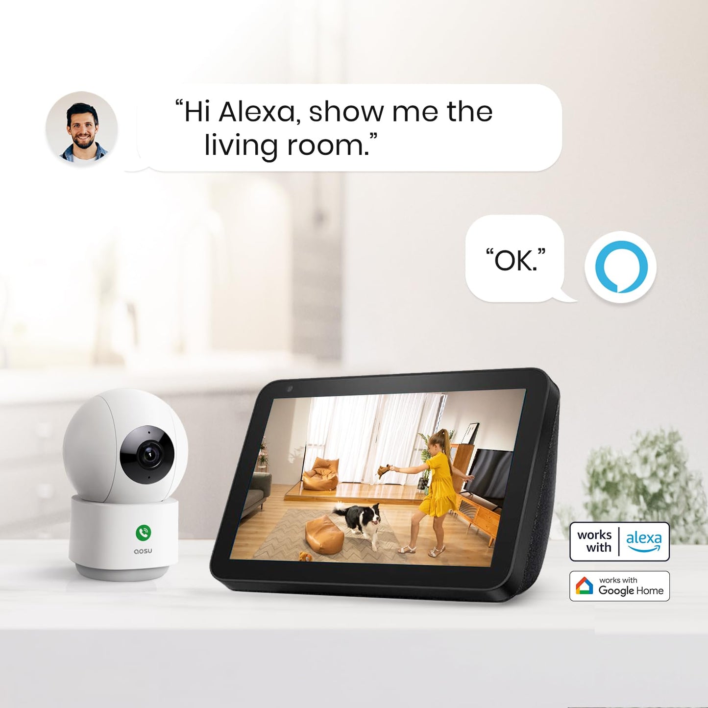 AOSU 2K Security Camera Indoor, Baby Monitor Pet Camera 360-Degree for Home Security with 2.4 GHz Wi-Fi Router, One-Touch Call, Smart Motion Tracking, IR Night Vision, Compatible with Alexa