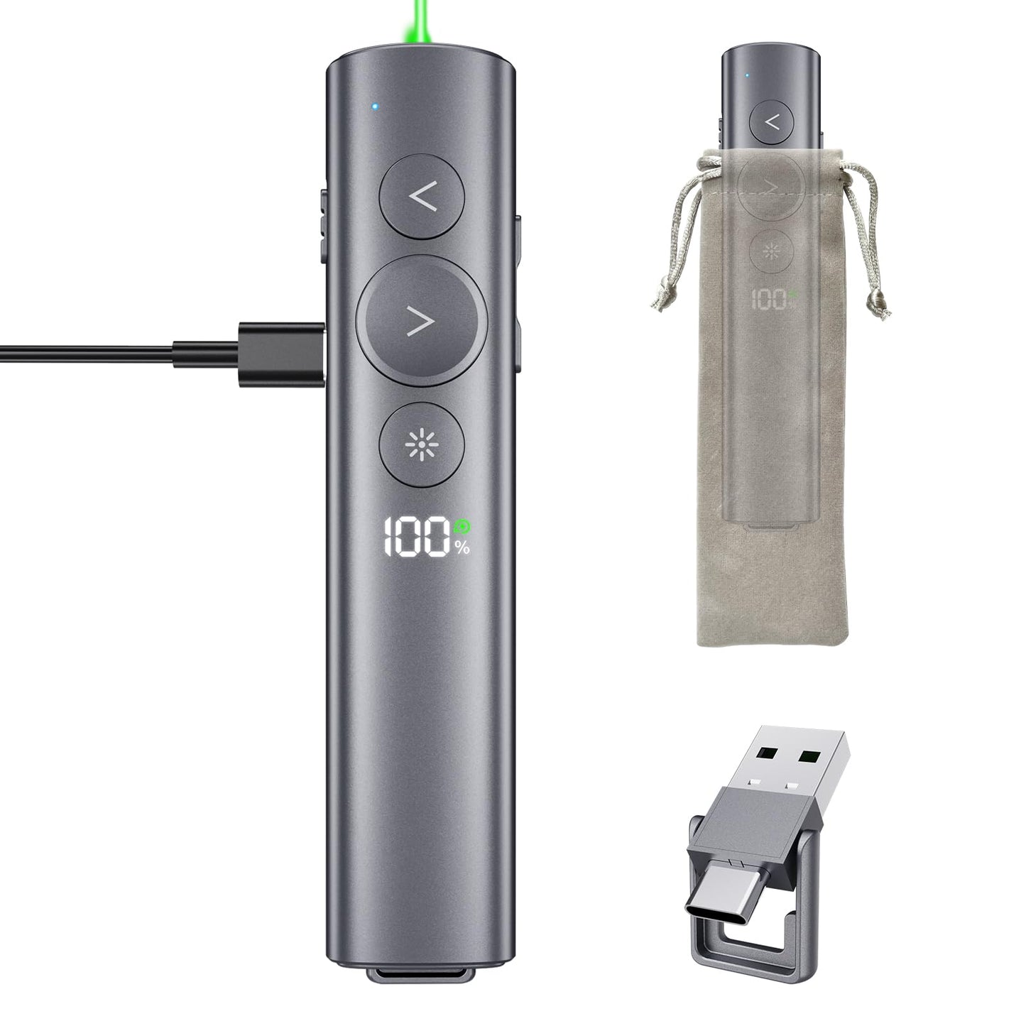 Rechargeable Presentation Clicker with Green Laser Pointer for PowerPoint, Power Display Wireless Presenter Remote with USB-A & USB-C Dongle, Slide Advancer for Mac, Windows, Laptop, Classroom, Office