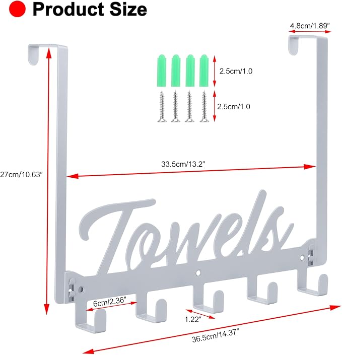 Azmoncy Over The Door Hooks, Towel Rack for Bathroom & Bedroom, Heavy Duty Over Door Towel Hanger with 5 Coat Hooks, Silver
