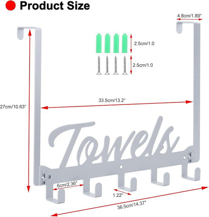Azmoncy Over The Door Hooks, Towel Rack for Bathroom & Bedroom, Heavy Duty Over Door Towel Hanger with 5 Coat Hooks, Silver