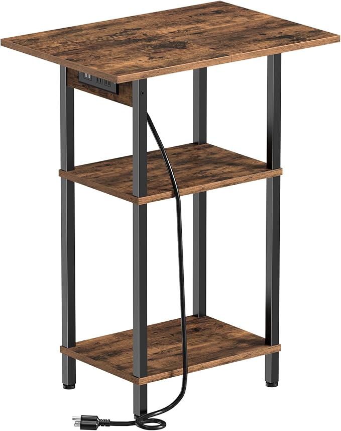 Asgolion Tall End Table with Charging Station, Skinny Nightstand with USB Ports