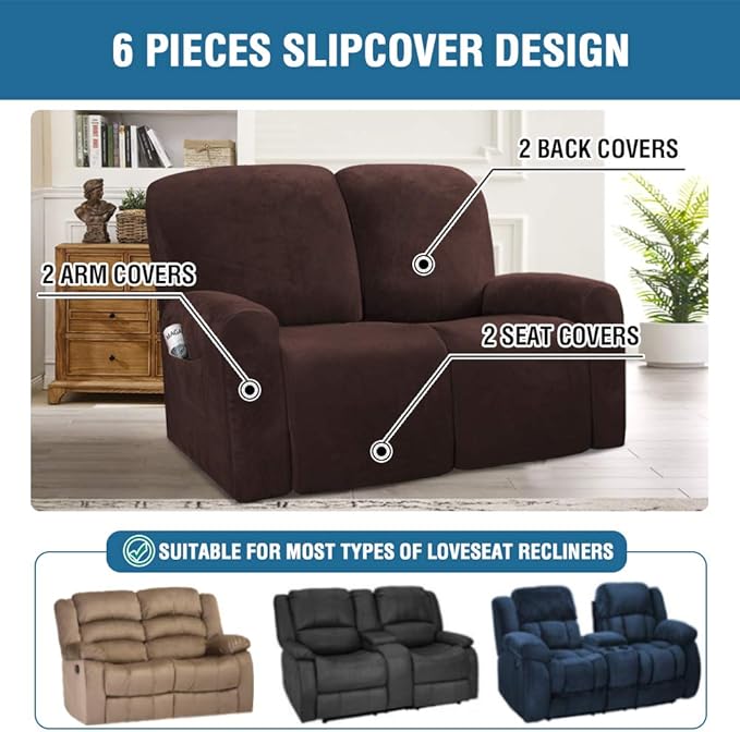 H.VERSAILTEX Velvet Stretch Recliner Couch Covers 6-Pieces Recliner Loveseat