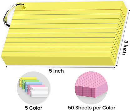 250-Pack Colored Index Cards 3x5 Inch w/Key Ring – 180gsm Heavyweight Flashcards – 5 Vibrant Colors Flash Cards (White Pink Blue Yellow Green) – Perfect for Study & Notes, Students School Supplies