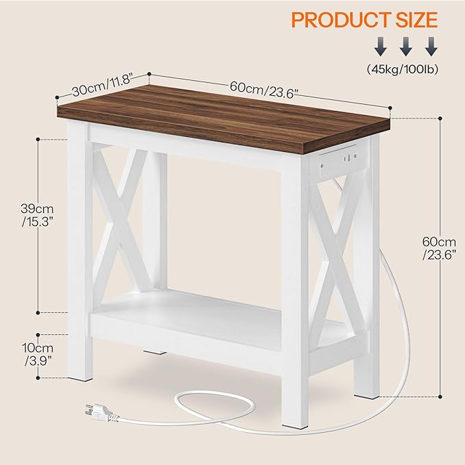 HOOBRO End Table with Charging Station, Farmhouse Narrow Side Table, 2-Tier