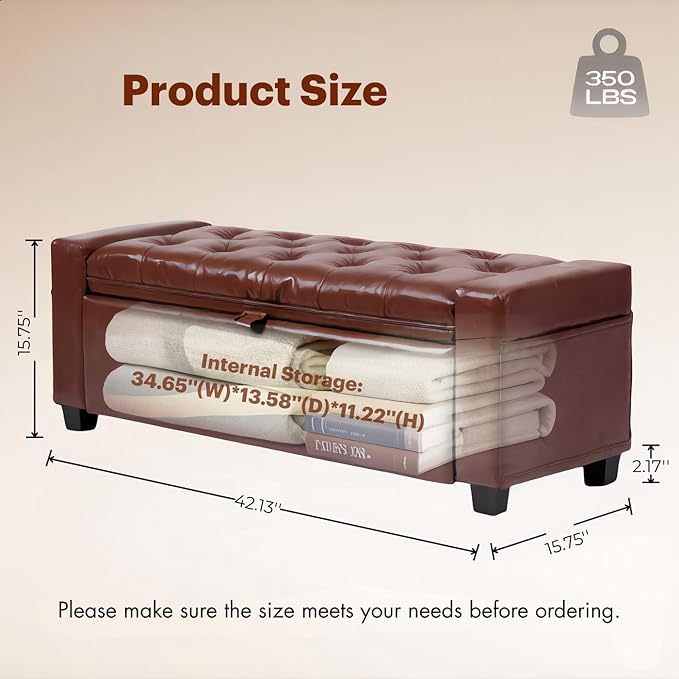 43.31'' Storage Ottoman Bench, Leather Upholstered Tufted Bedroom Bench