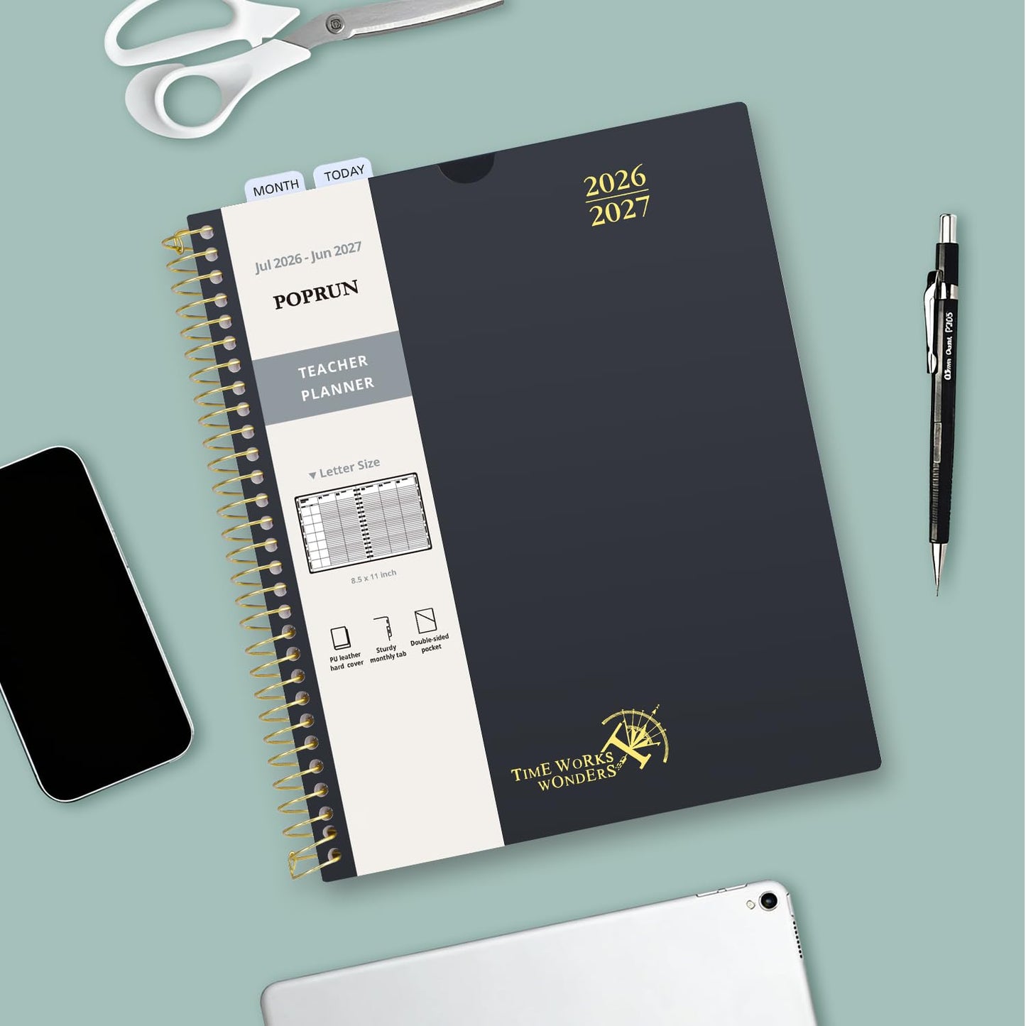 POPRUN Teacher Planner 2026-2027, 8.5" x 11", Academic Lesson Plan Book for Teachers (July 26-June 27) Weekly and Monthly with Gradebook, 2-Sided Pocket, Flexible PP Cover for Classroom, Mocha Mousse