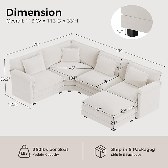 ELUCHANG 114" Oversized V-Shaped Cloud Couch Modular Sectional Sofa