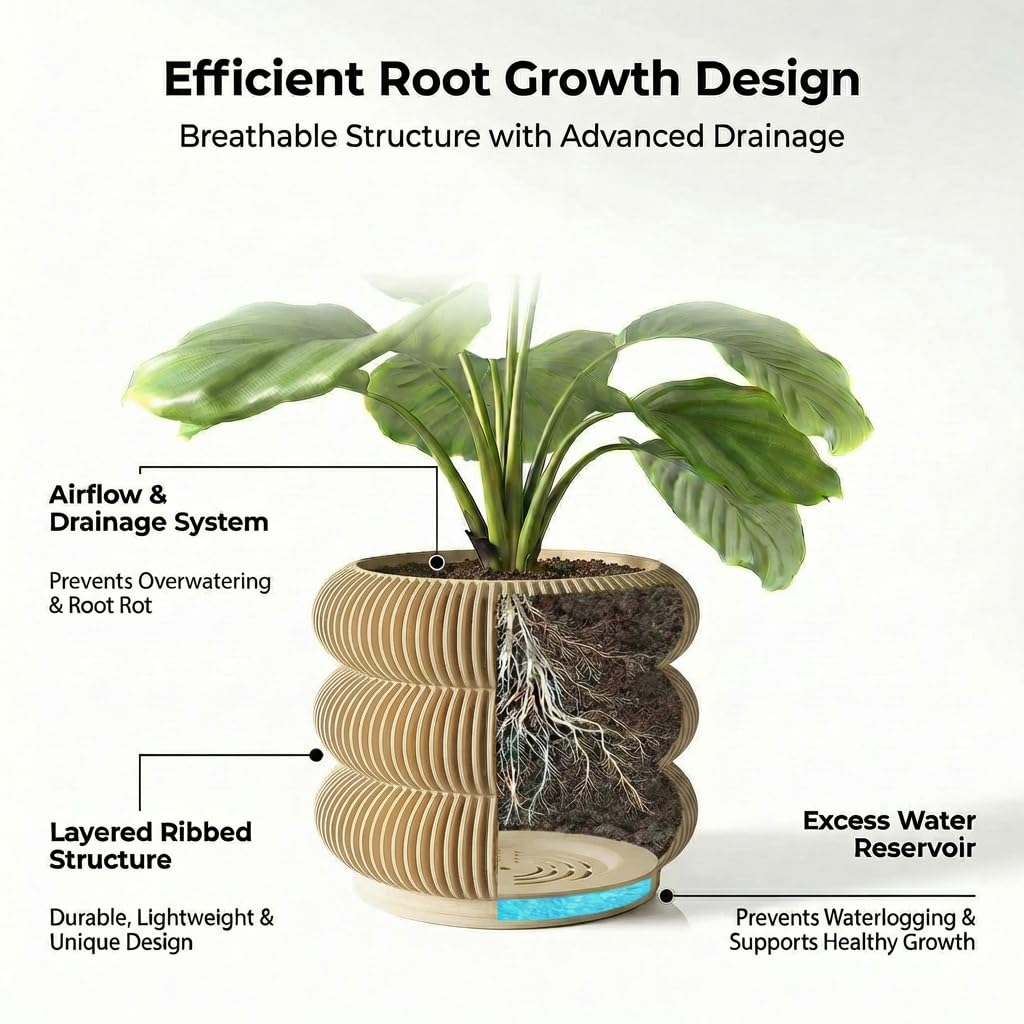Fabix3D Modern 3D Printed Planter Pot, Minimalist Ripple Design, Lightweight PLA Material, Round Shape with Drainage and Saucer, for Succulents and Indoor Plants (Wood, 4.7")