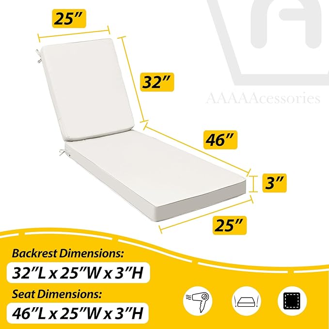 AAAAAcessories Outdoor Chaise Lounge Cushions, Fade-Resistant, Waterproof Patio