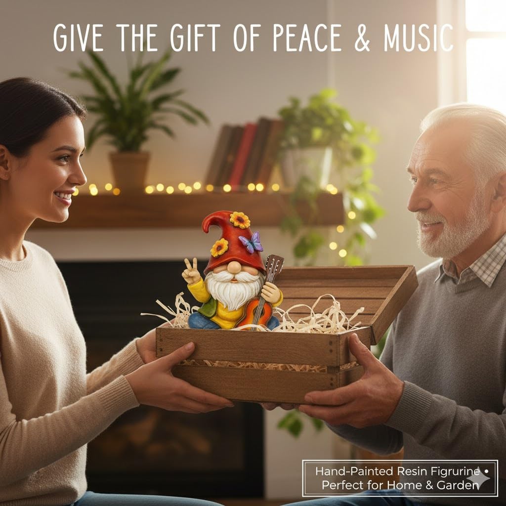 GoGnome Peace Sign Garden Gnome Figurine Outdoor Statue, Funny Guitar Playing Dwarf Rock Music Decor - 6‘’ Resin Lawn Ornament, Unique Housewarming Gift for Music Lovers & Gardeners (Red)