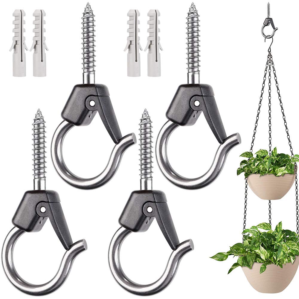 BeneLabel 4Pcs Wall Mount Ceiling Plant Hanger Hooks, Outdoor Hanging Brackets for Hanging Plant Light Outdoor Wire Fairy Lights Wind Chimes Bird Feeders, Safety Buckle Design, 4 1/4"