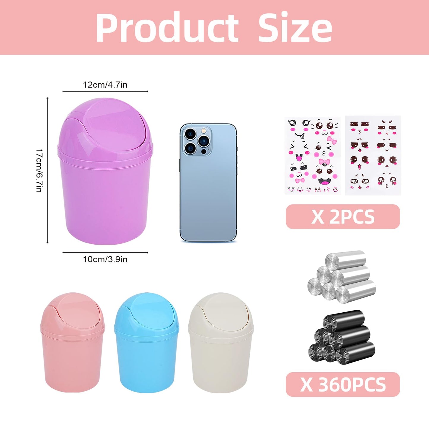 QLFJ-FurDec 4 Pcs Plastic Mini Trash Can with Swing Lid, Tiny Desktop Wastebasket Garbage Bin with 240 Trash Bags for Office, Kitchen, Vanity Tabletop, Bedroom, Bathroom