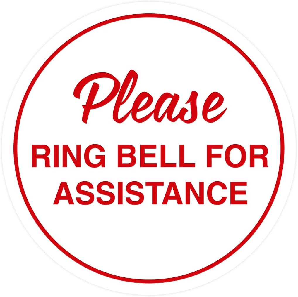 Signs ByLITA Circle Please Ring Bell For Assistance Wall or Door Sign | Easy Installation | Front Desk Reception Sign (White/Red) - Large (5 Pack)