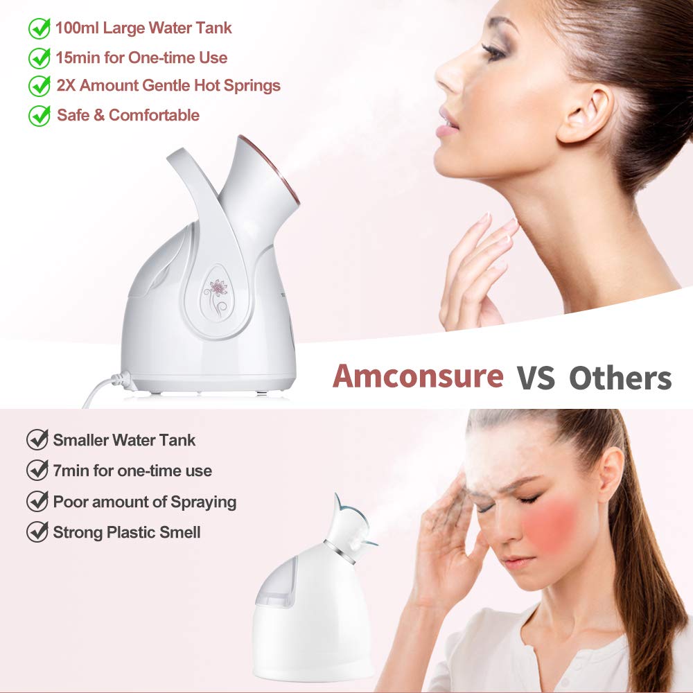 Amconsure Facial Steamer - Nano Ionic Face Steamer Warm Mist Steamer for Home Sauna SPA, Humidifier for Face Steamer for Deep Cleaning Unclogs Pores Sinuses - Bonus 5 Piece Stainless Steel Skin Kit