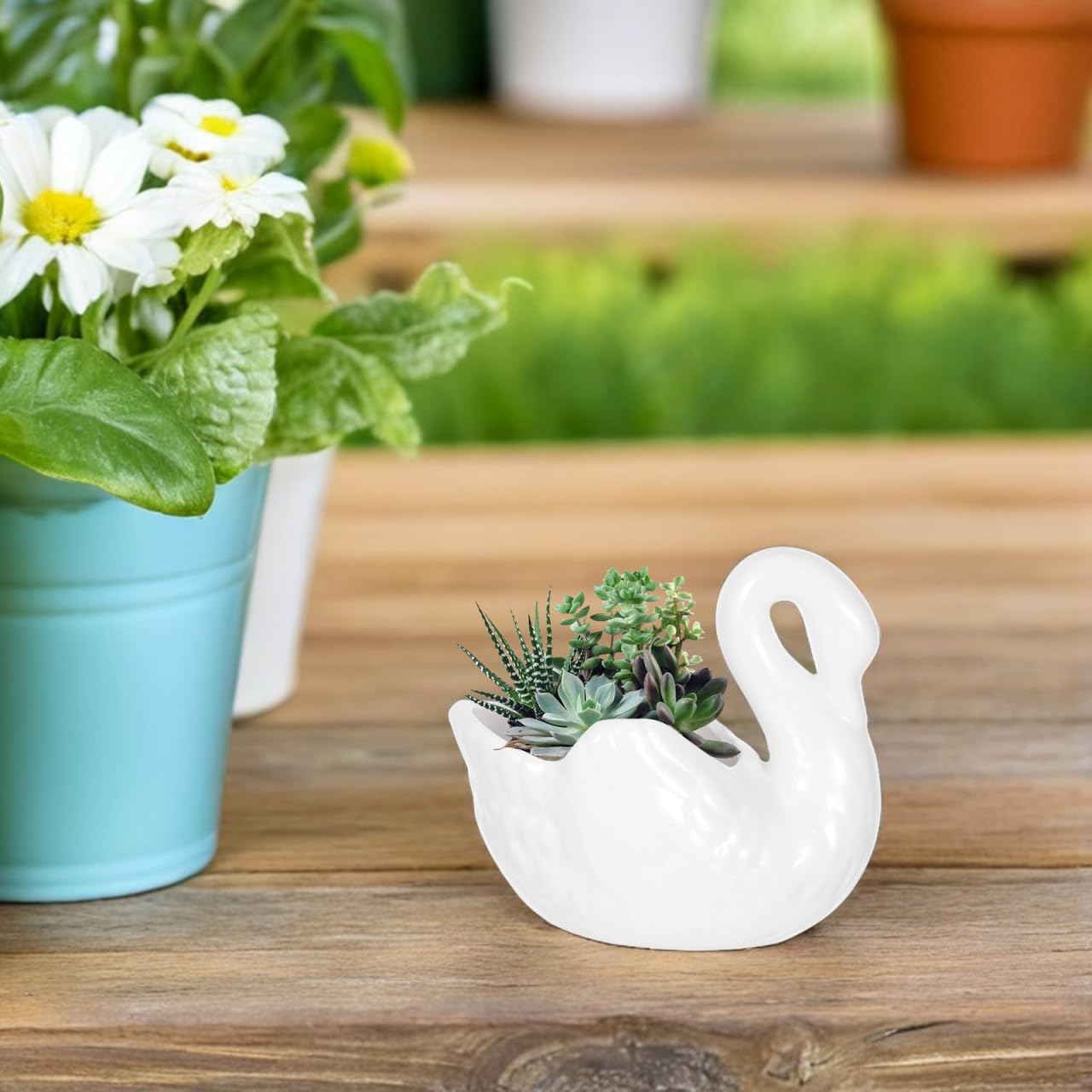 Yardwe Lovely Swan Ceramic Flowerpot with Drain Hole, White Porcelain Planter for Succulents, Decorative Plant Pot for Home and Office, 4.4 X 2.36 X 3.77 Inch