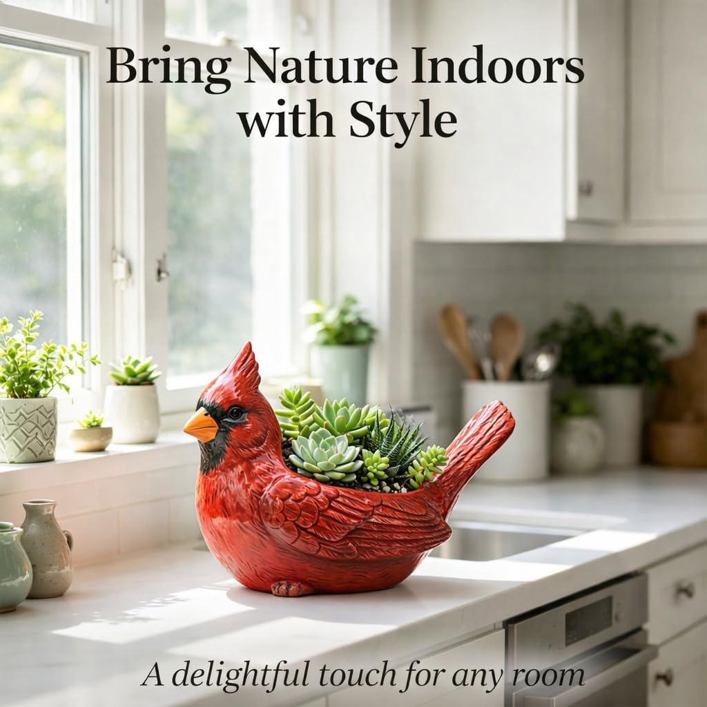 Smilamo Cardinal Bird Succulent Planter, Red Resin Decorative Flower Pot, Bird Flower Pot & Outdoor Planter Pot, Resin Cardinal Flower Pot for Desk & Garden Decor, Unique Gift Idea (Red)