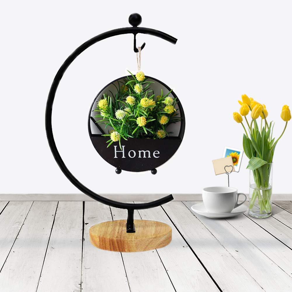 Ian Enterprises Ornament Display Stand Iron Pothook Stand for Hanging Glass Terrarium/Picture (Big G-Shaped Wood Base, Black)