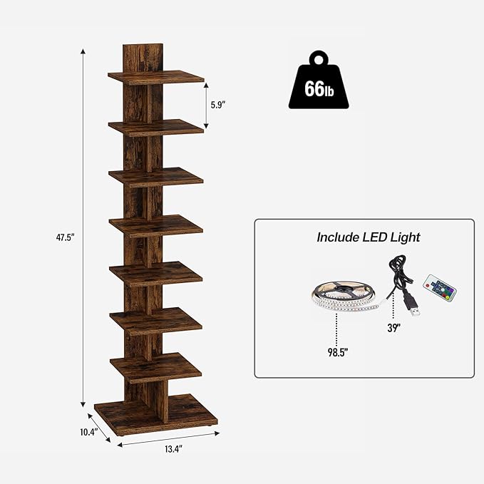 TUTOTAK Narrow Bookshelf, 8-Tier Bookcase