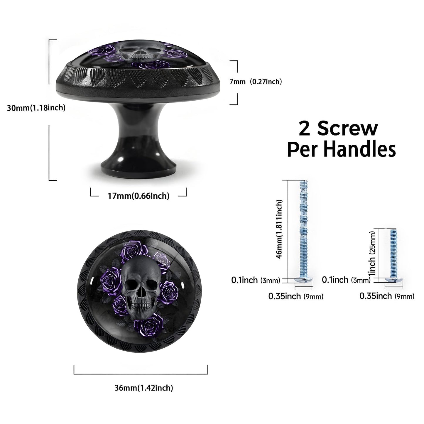 Artinhand 4 Pack Gothic Black Skull Purple Roses Cabinet Knobs for Kitchen