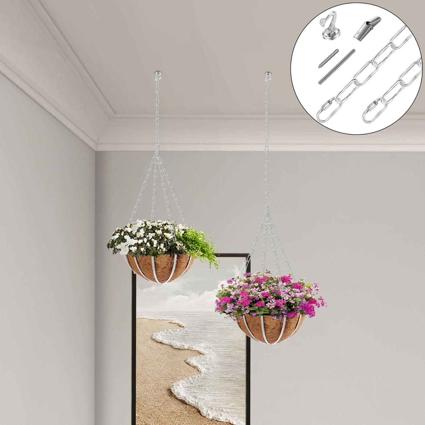 Omytie 15 Ft Heavy Duty Hanging Chain Kit with Connection Locks/Swag Ceiling Hooks for Lighting Fixture, Chandelier, Pendant, Lantern, Swag Lamp, Plant/Flower/Fruit Basket, Bird Feeder (Chrome)